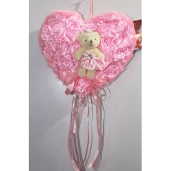 Pink Satan Roses Plush Heart with Baby Doll Teddy Bear